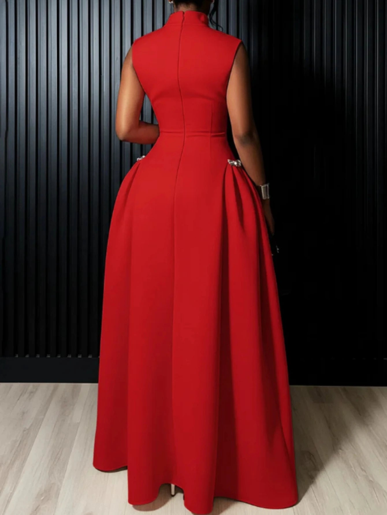 Red High Neck Flared Maxi Formal Dress
