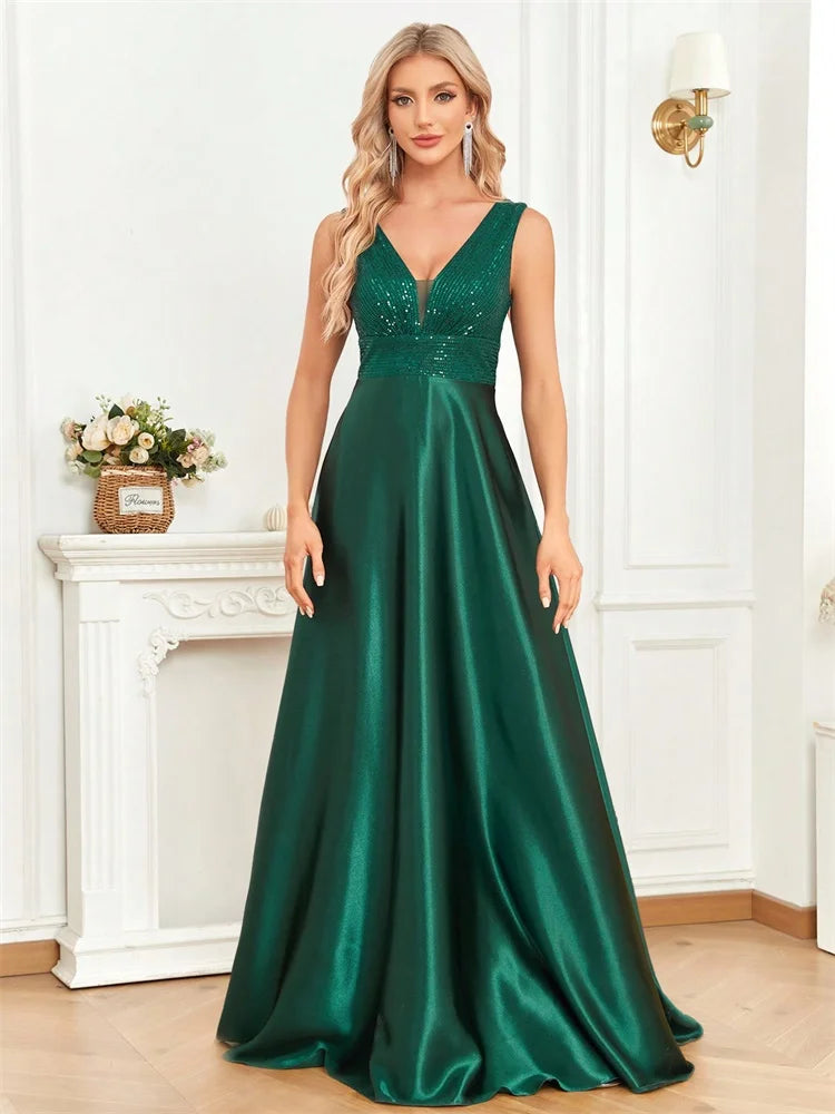 Elegant Sequins V-Back Satin Formal Evening Dress Gown
