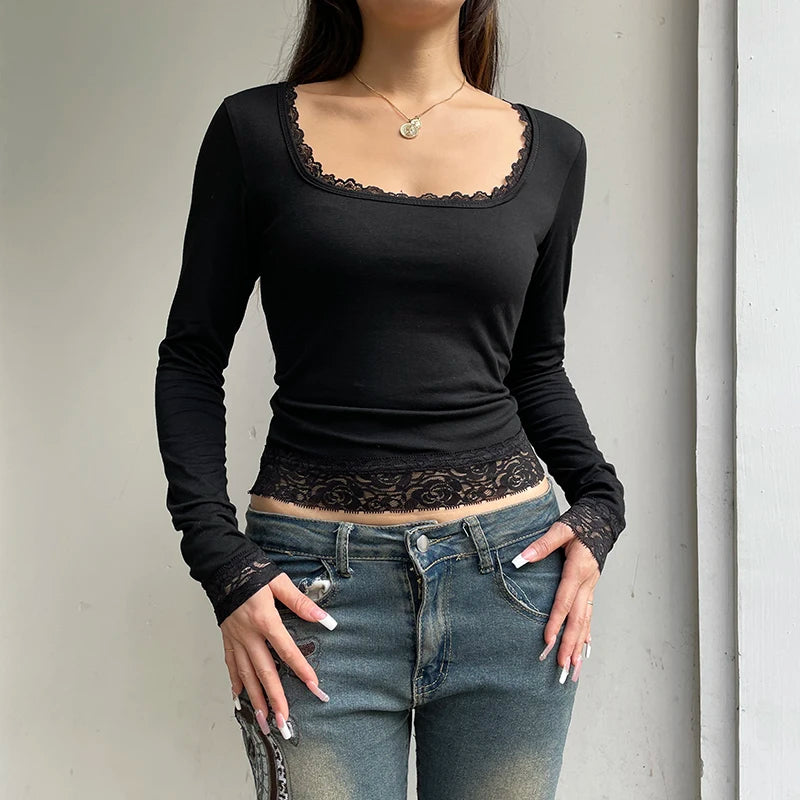 Black Long Sleeves T-shirt  Lace  Casual