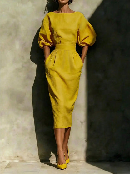 Elegant Red Midi Dress with Side Pockets