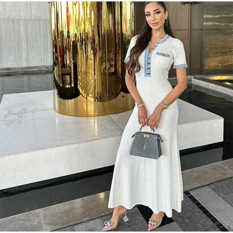 Elegant V-Neck Knitted Long Dress Office