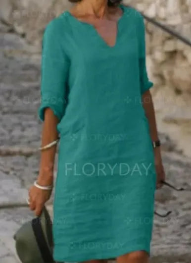 Casual Cotton Linen V-neck Ladies Dress, Party