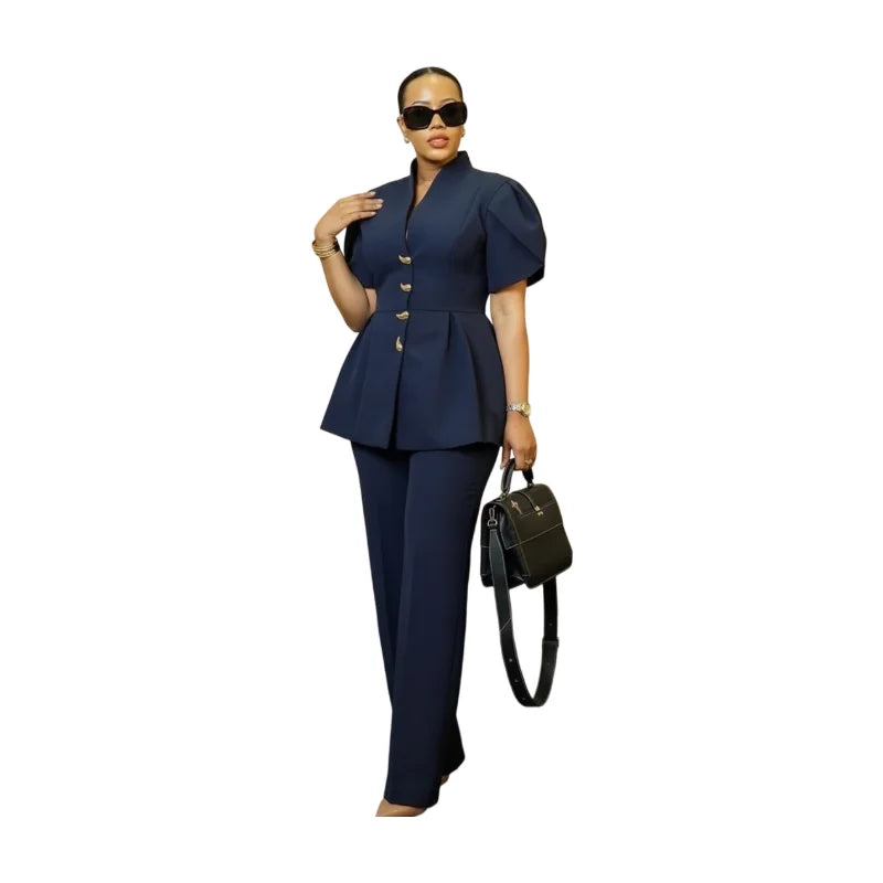 Blue Peplum Top Straight Leg Pants Set