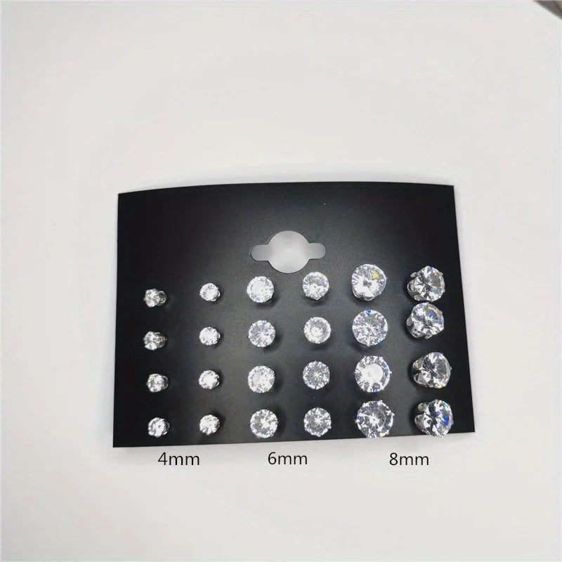 24pcs Cubic Zirconia Stud Earrings - Stainless Steel