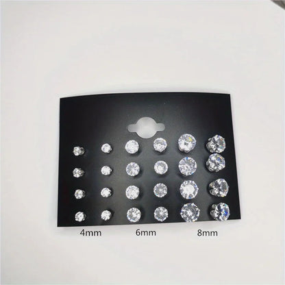 24pcs Cubic Zirconia Stud Earrings - Stainless Steel