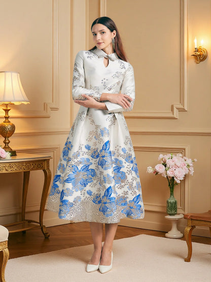 Champagne Pink Jacquard Mandarin Collar Lace-Up Flared Dress