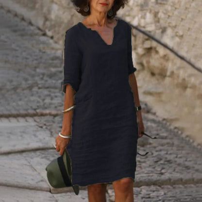 Casual Cotton Linen V-neck Ladies Dress, Party