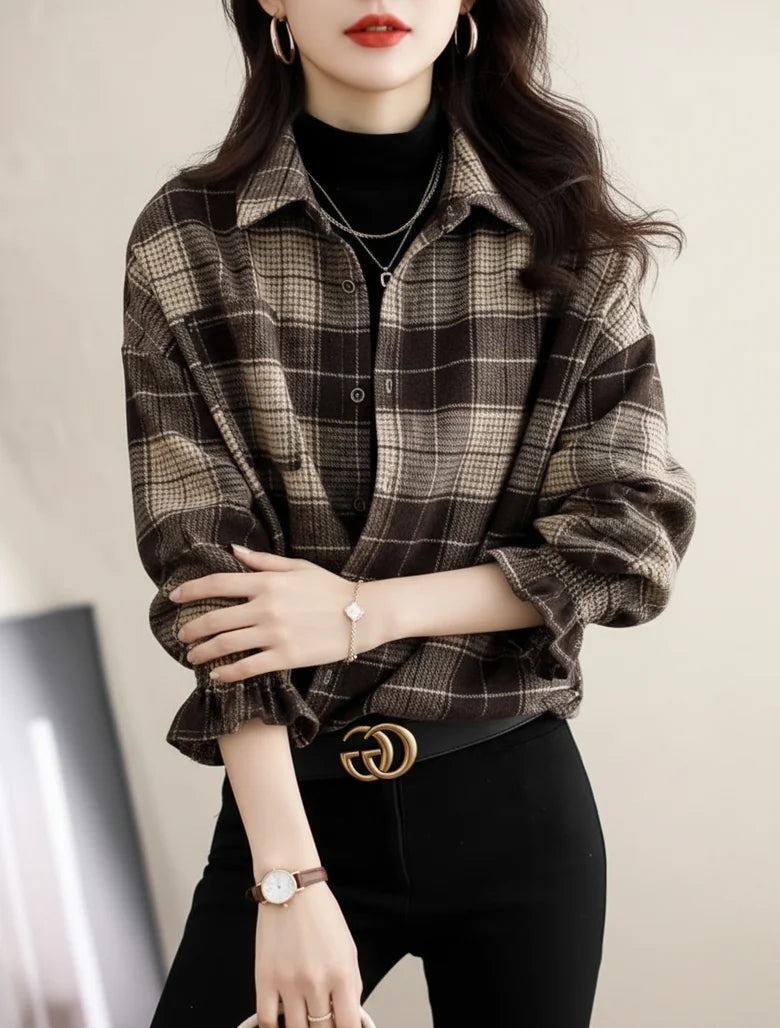 Women Brown Plaid Lapel Button Front Blouse