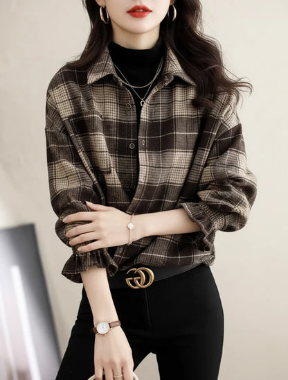 Women Brown Plaid Lapel Button Front Blouse