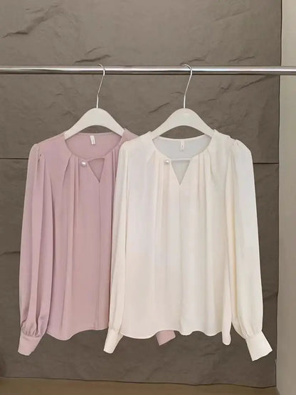 Office Blouse Elegant Long Sleeve Shirt  With Pearl