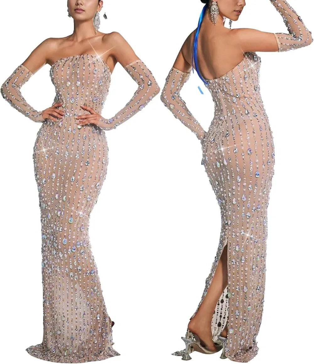 Women's See Through Sequined Rhinestone Dress