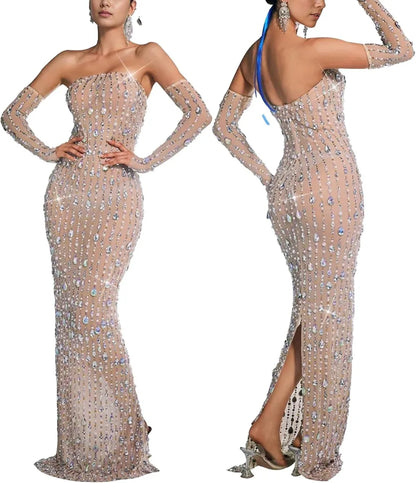 Women's See Through Sequined Rhinestone Dress