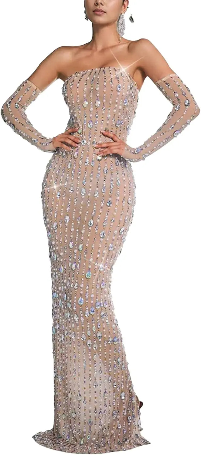 Women's See Through Sequined Rhinestone Dress