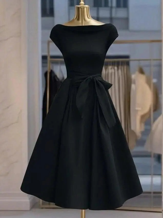 Black Off Shoulder Bow Waist Midi Dress