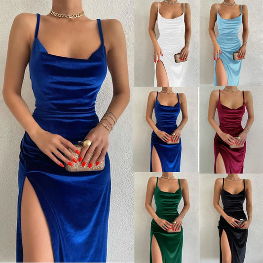 Elegant Velvet Slit Midi Dress, Evening Party