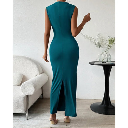 Womens Ruched Sleeveless Slit Bodycon Midi Dress