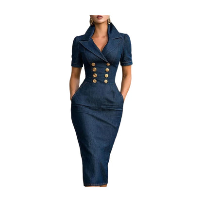Womens Blue Double Breasted Pencil Blazer Midi Dress