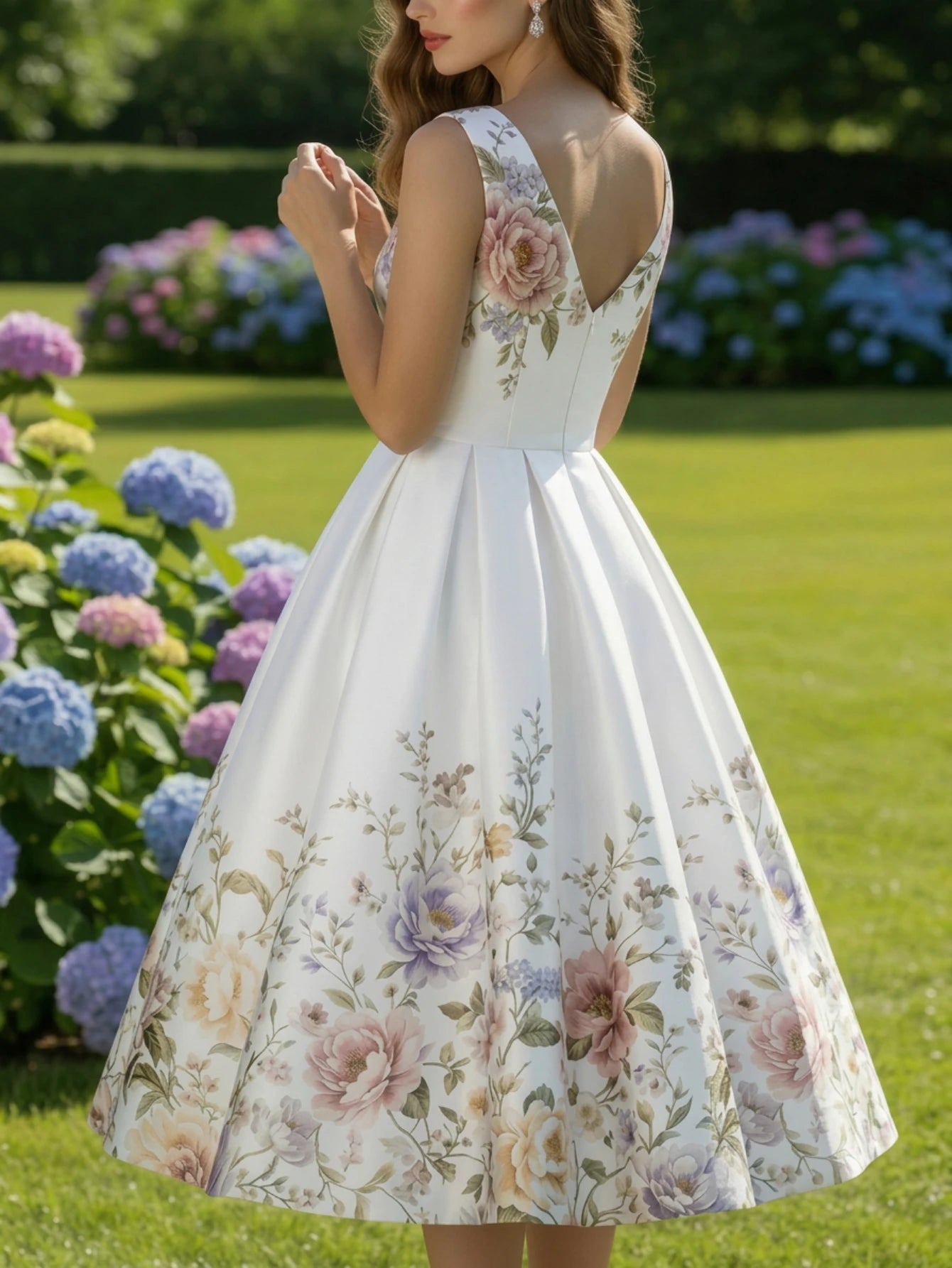 Womens Floral Print Pleated Swing Midi Dress