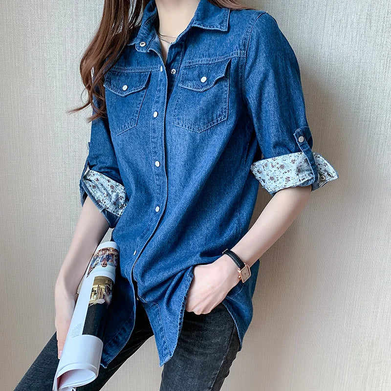 Women's Loose Denim Shirt, Long Sleeves, Long Length