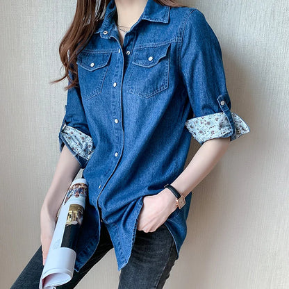 Women's Loose Denim Shirt, Long Sleeves, Long Length