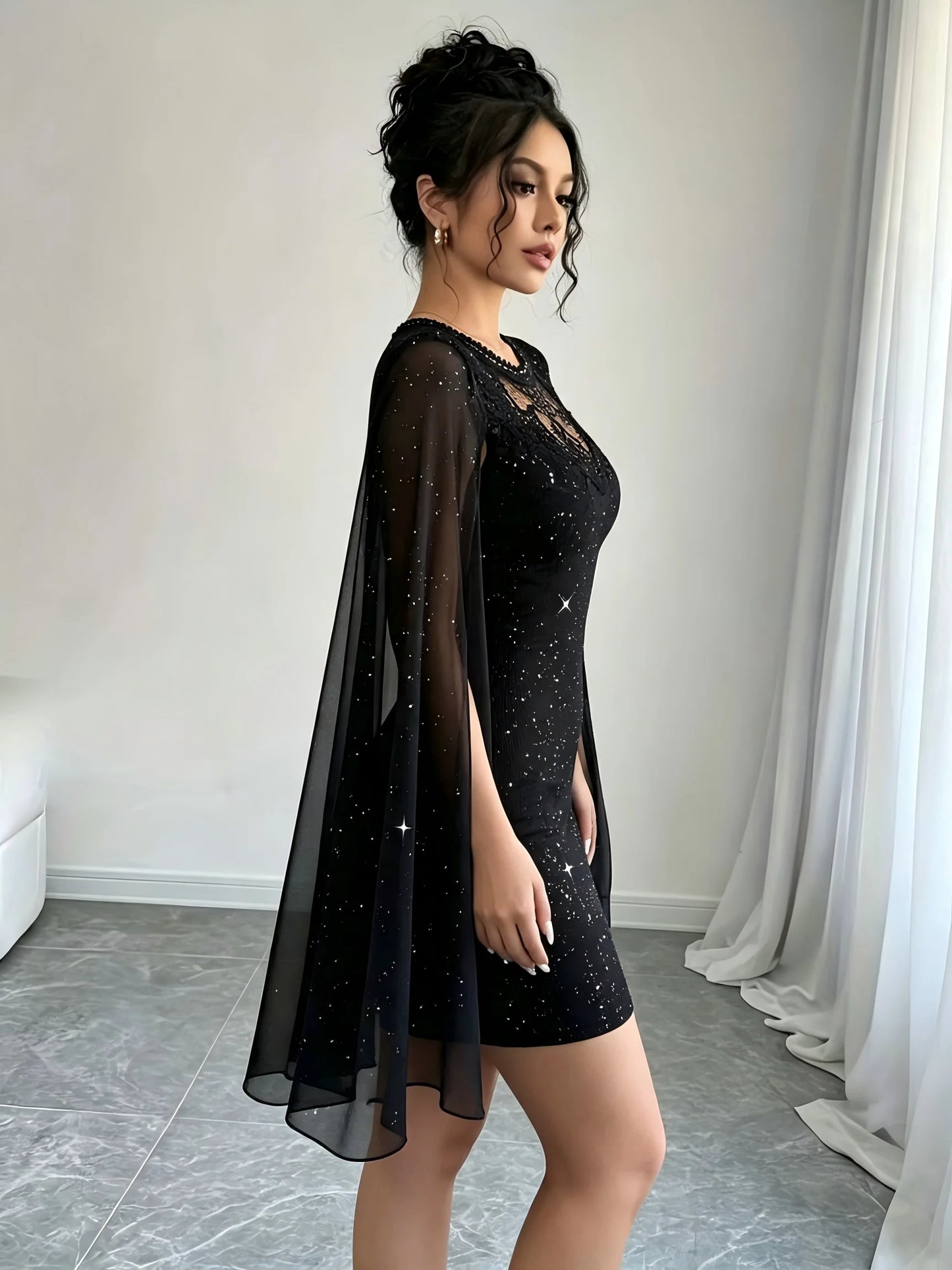Womens Black Glitter Lace Cape Sleeve Mini Dress