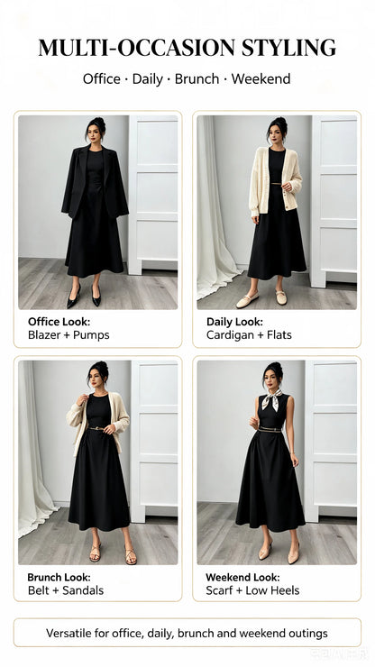 Womens Black Round Neck Bow Detail Flare Midi Dress