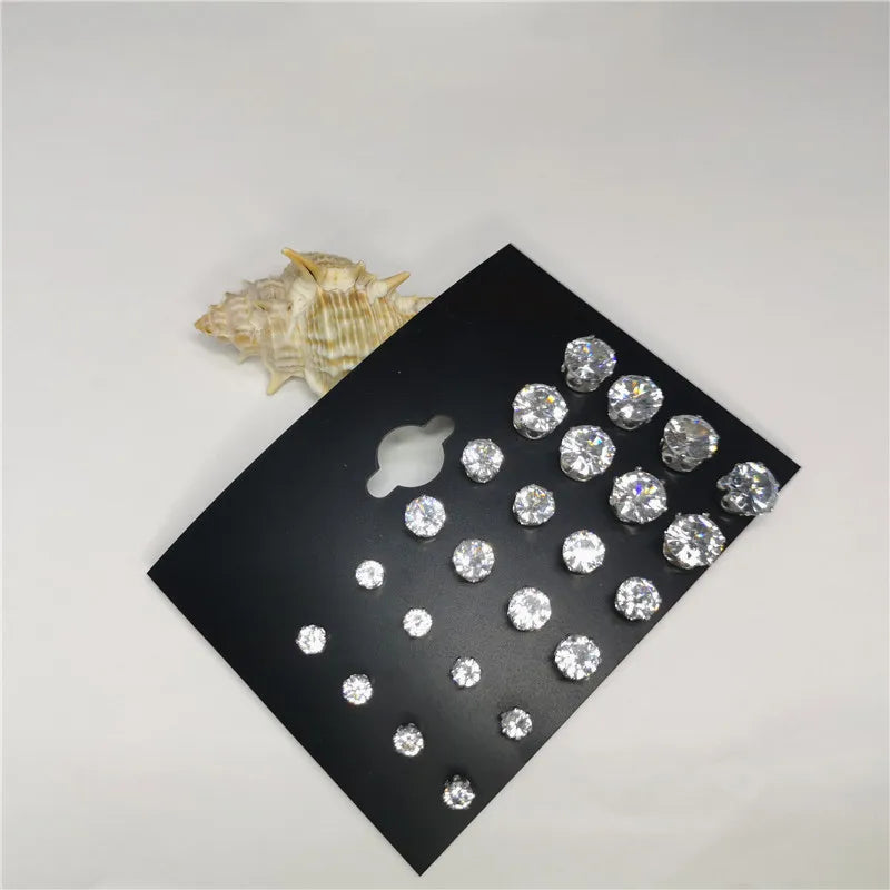 24pcs Cubic Zirconia Stud Earrings - Stainless Steel