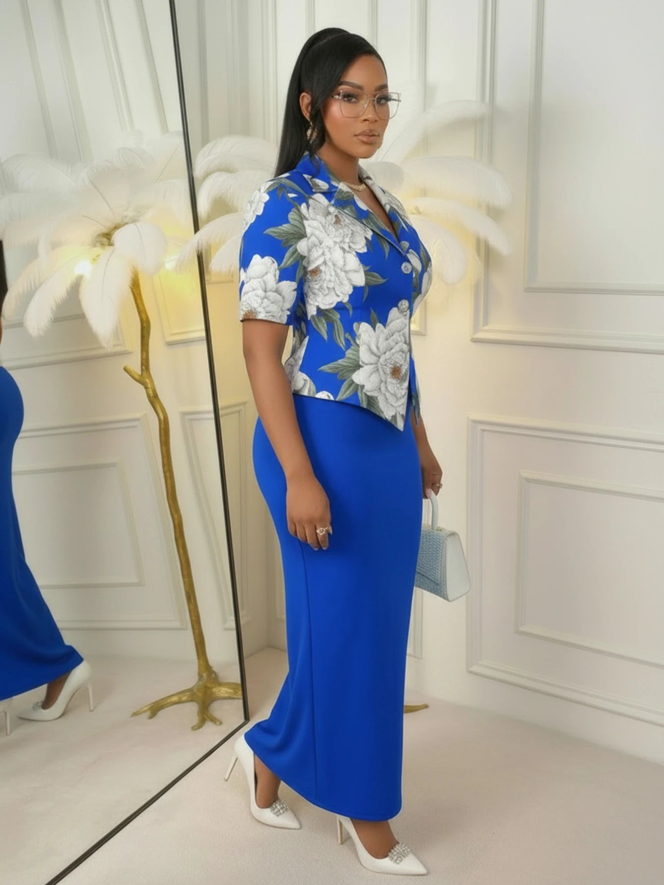 Blue Floral Print Blazer Skirt Set