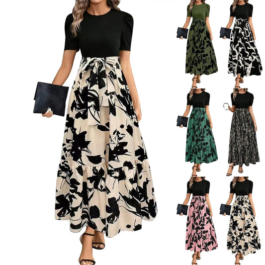 Round-Neck Short-Sleeved Floral Print A Line Dresses