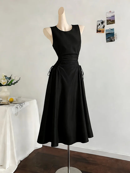 Womens Black Round Neck Bow Detail Flare Midi Dress