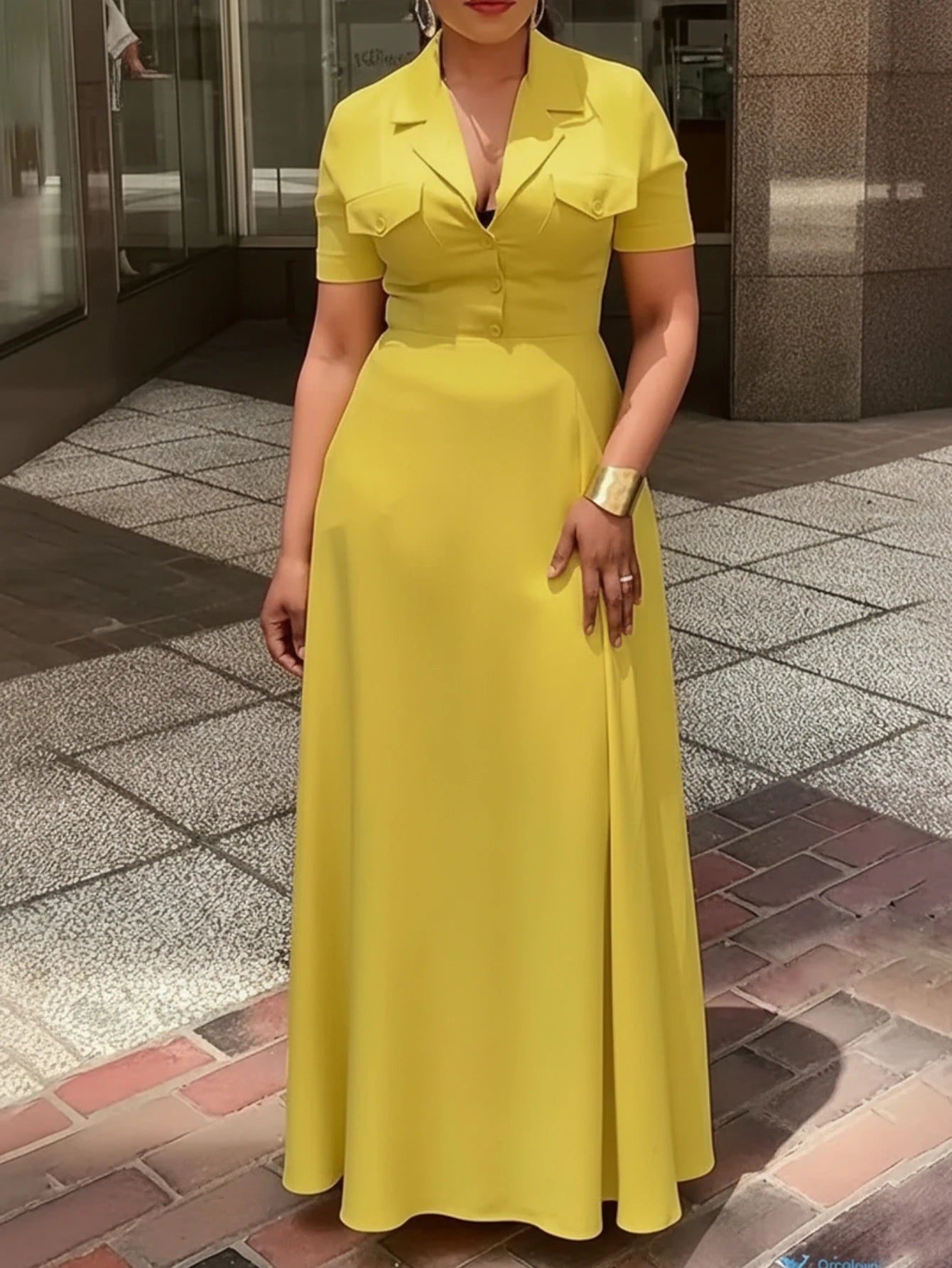 Yellow Lapel Collar Button Maxi Dress With Pockets