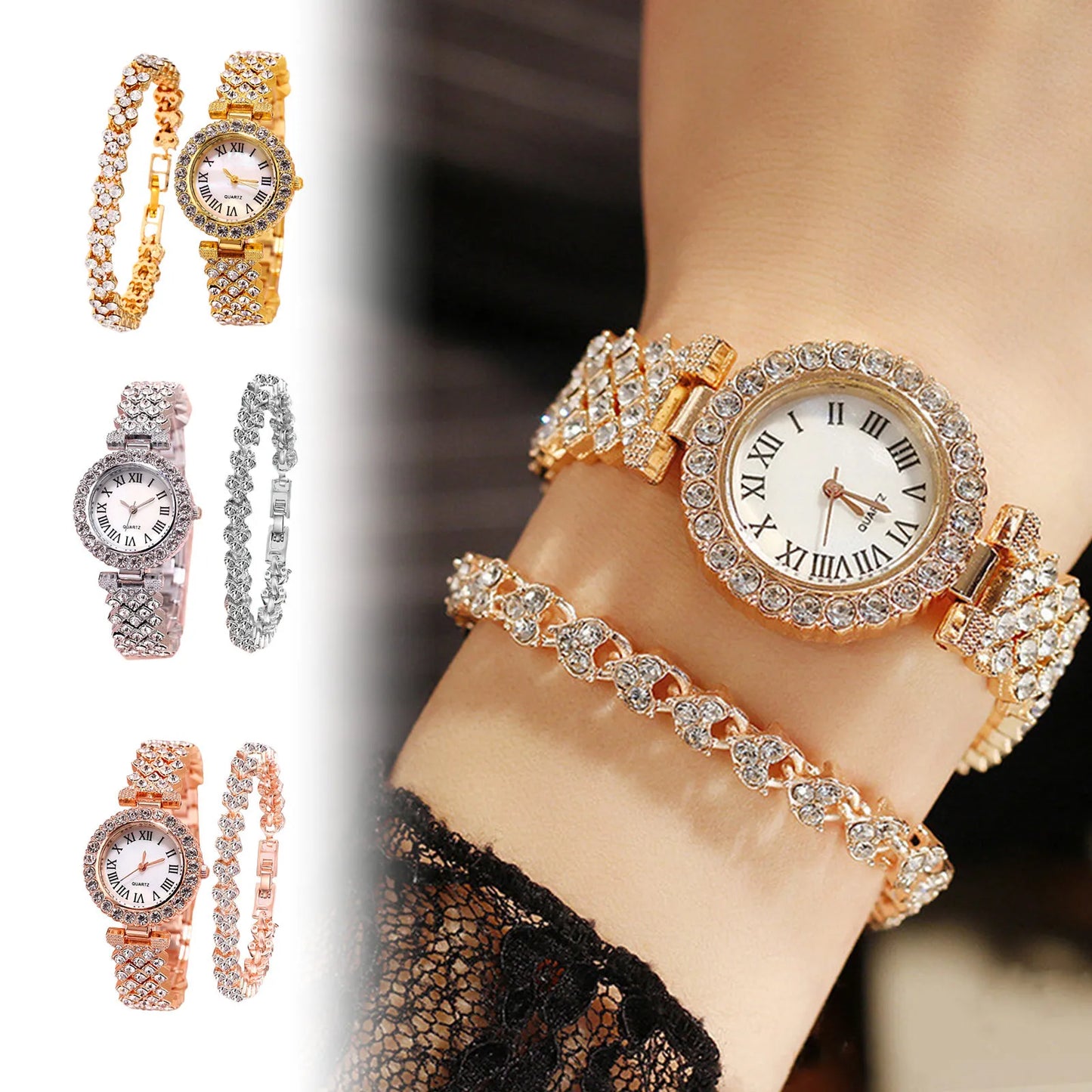 Women Watch Bracelet Set Diamond Steel Band