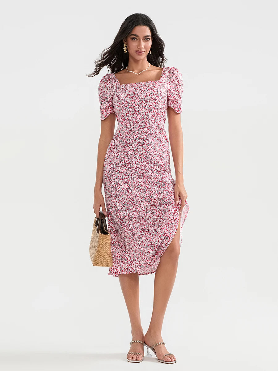 Casual Floral Midi Dress, Puff Sleeve Elegant