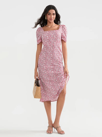 Casual Floral Midi Dress, Puff Sleeve Elegant