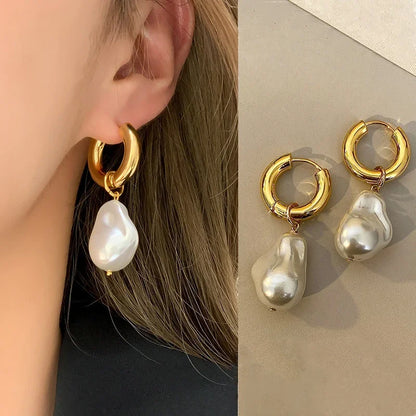 Pearl Earrings Gold Color Round Ear clip Dangle