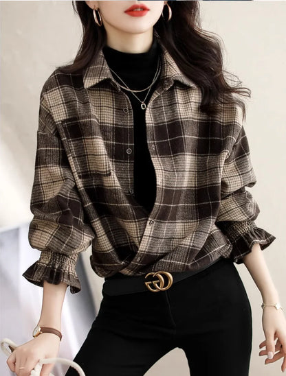 Women Brown Plaid Lapel Button Front Blouse