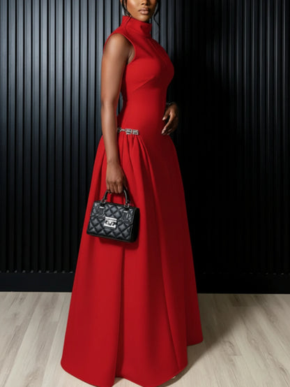 Red High Neck Flared Maxi Formal Dress