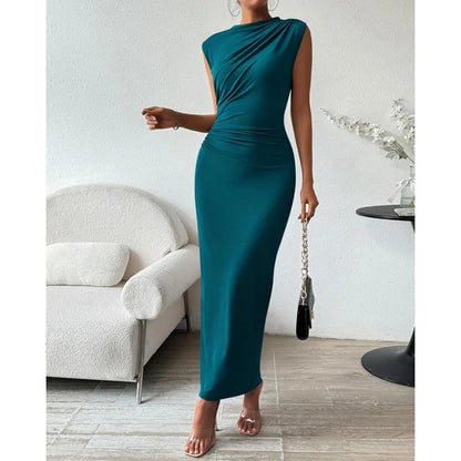 Womens Ruched Sleeveless Slit Bodycon Midi Dress