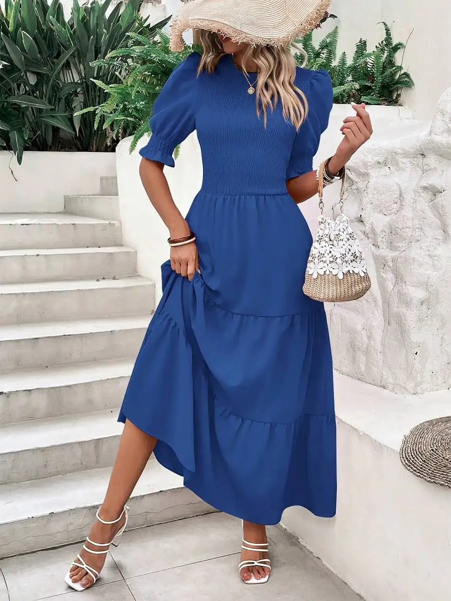 Olive Green Flowy Puff Sleeve Tiered Dress