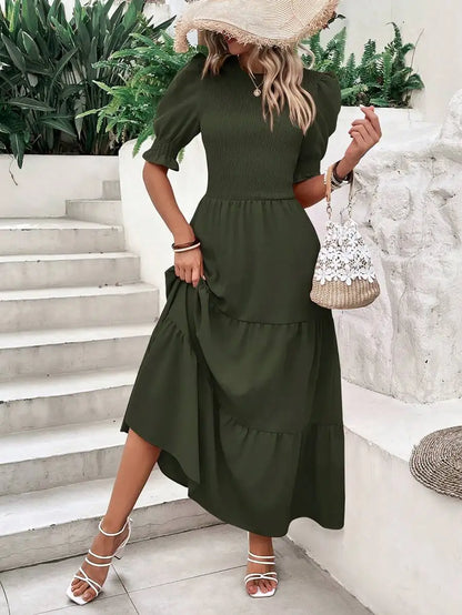 Olive Green Flowy Puff Sleeve Tiered Dress