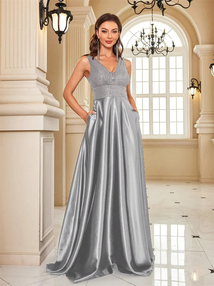 Elegant Sequins V-Back Satin Formal Evening Dress Gown