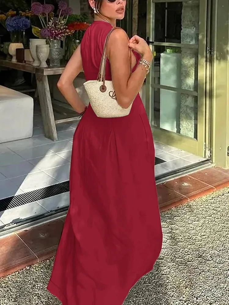 Red Linen Sleeveless Pleated Maxi Dress With Pockets