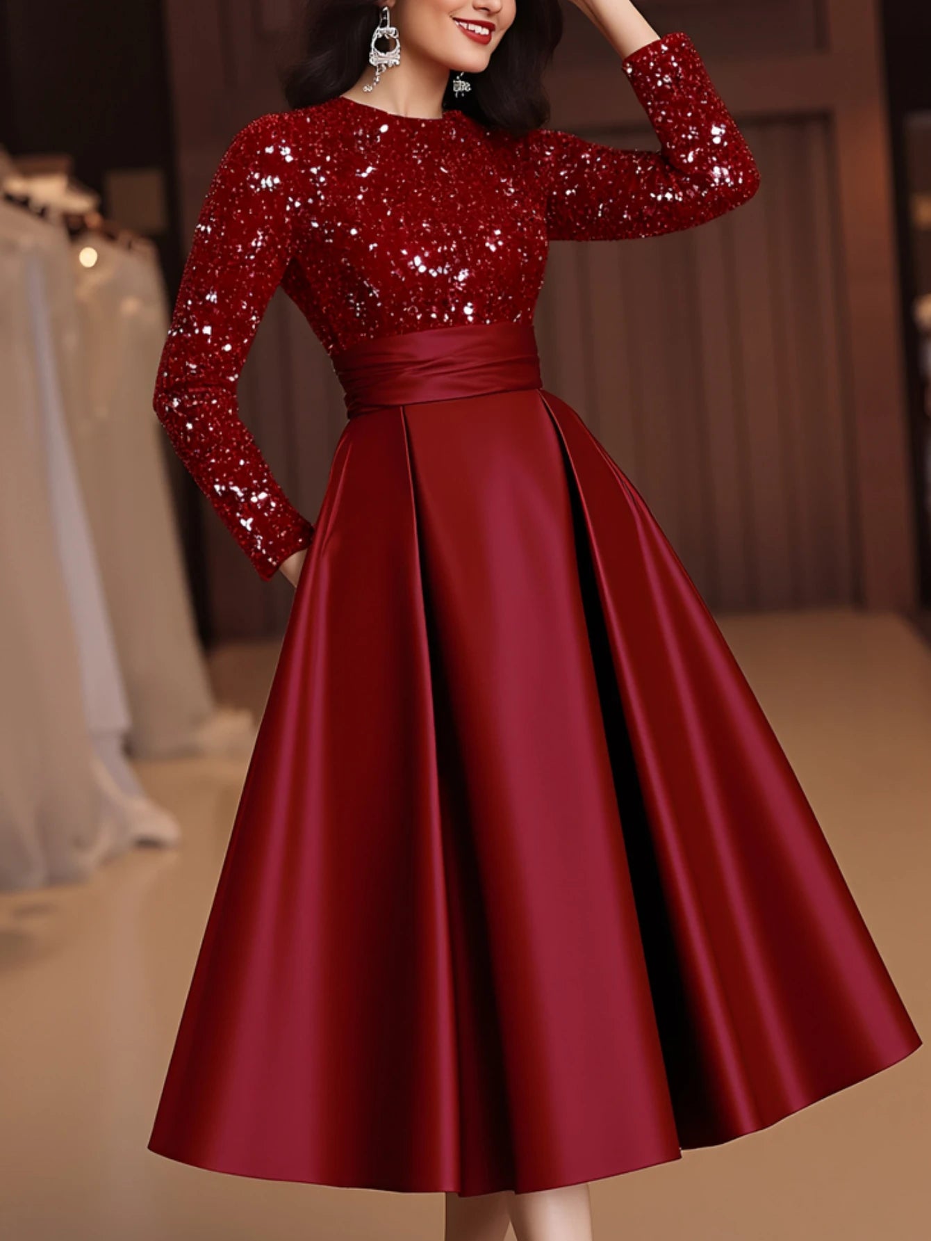Burgundy Sequin Patch Flowy Midi Dress