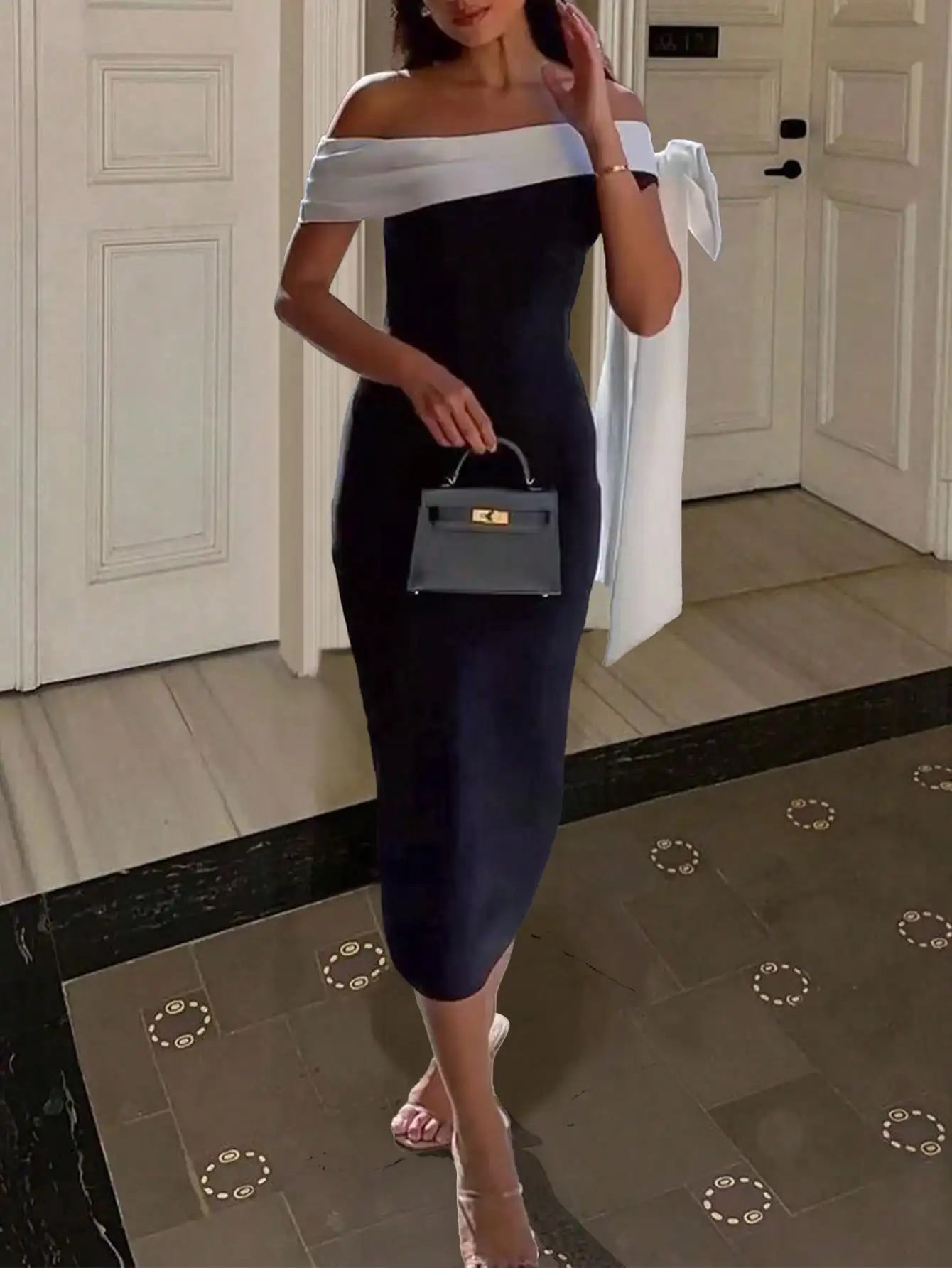 Black & White One-Shoulder Evening Maxi Dress