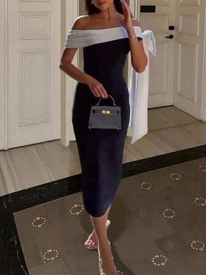 Black & White One-Shoulder Evening Maxi Dress