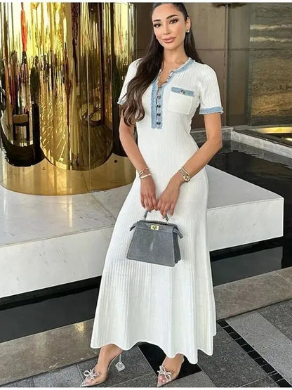 Elegant V-Neck Knitted Long Dress Office