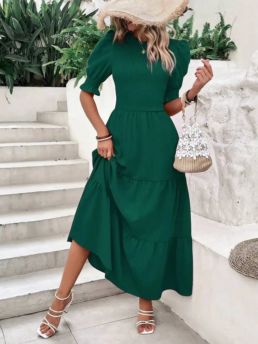 Olive Green Flowy Puff Sleeve Tiered Dress