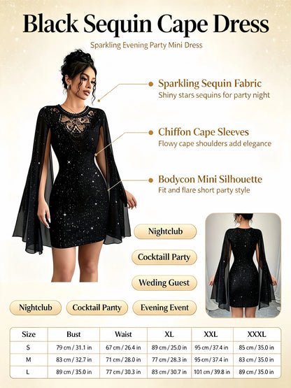 Womens Black Glitter Lace Cape Sleeve Mini Dress
