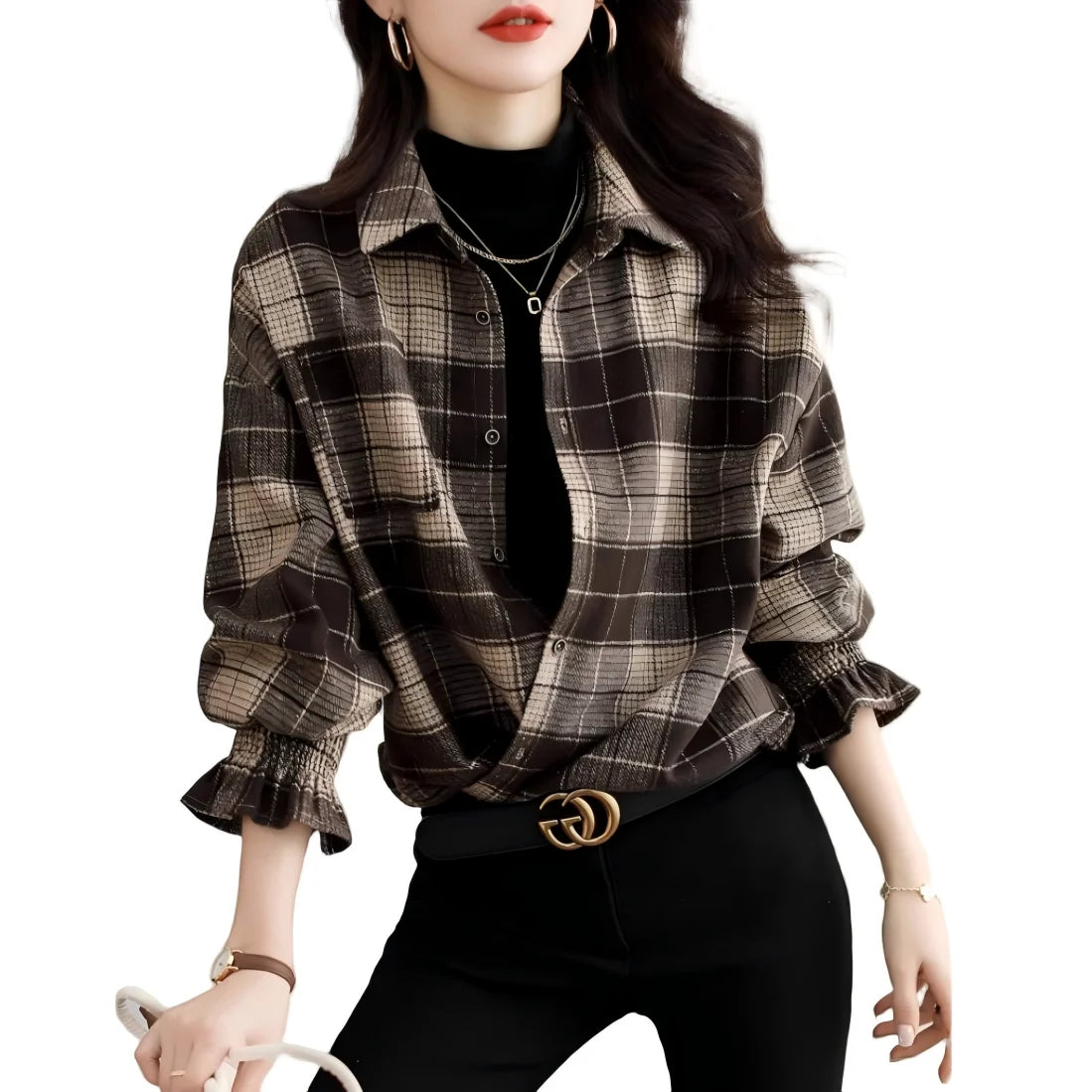 Women Brown Plaid Lapel Button Front Blouse