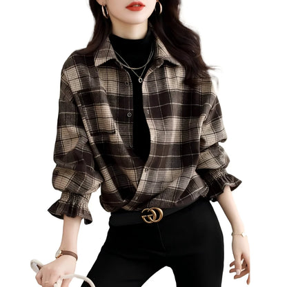 Women Brown Plaid Lapel Button Front Blouse